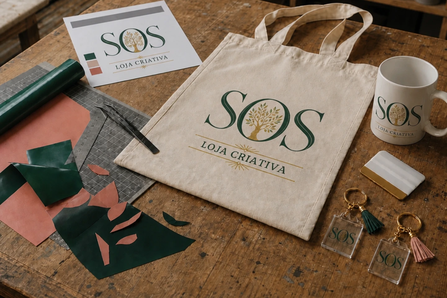 Saco de pano e caneca personalizados com o logótipo SOS Loja Criativa numa bancada de trabalho
