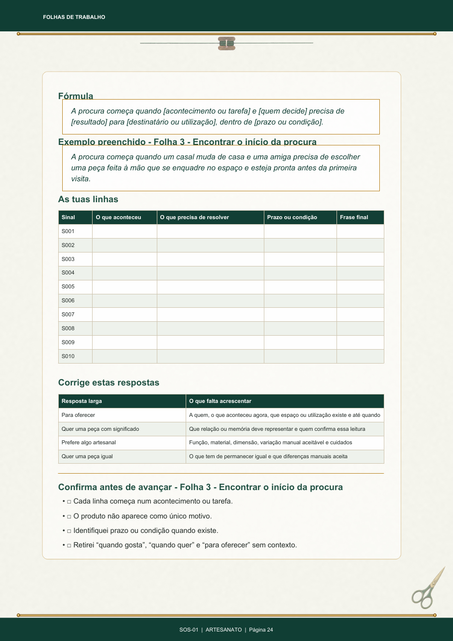Página real com folha de trabalho e exemplo preenchido do Plano SOS-01 Artesanato